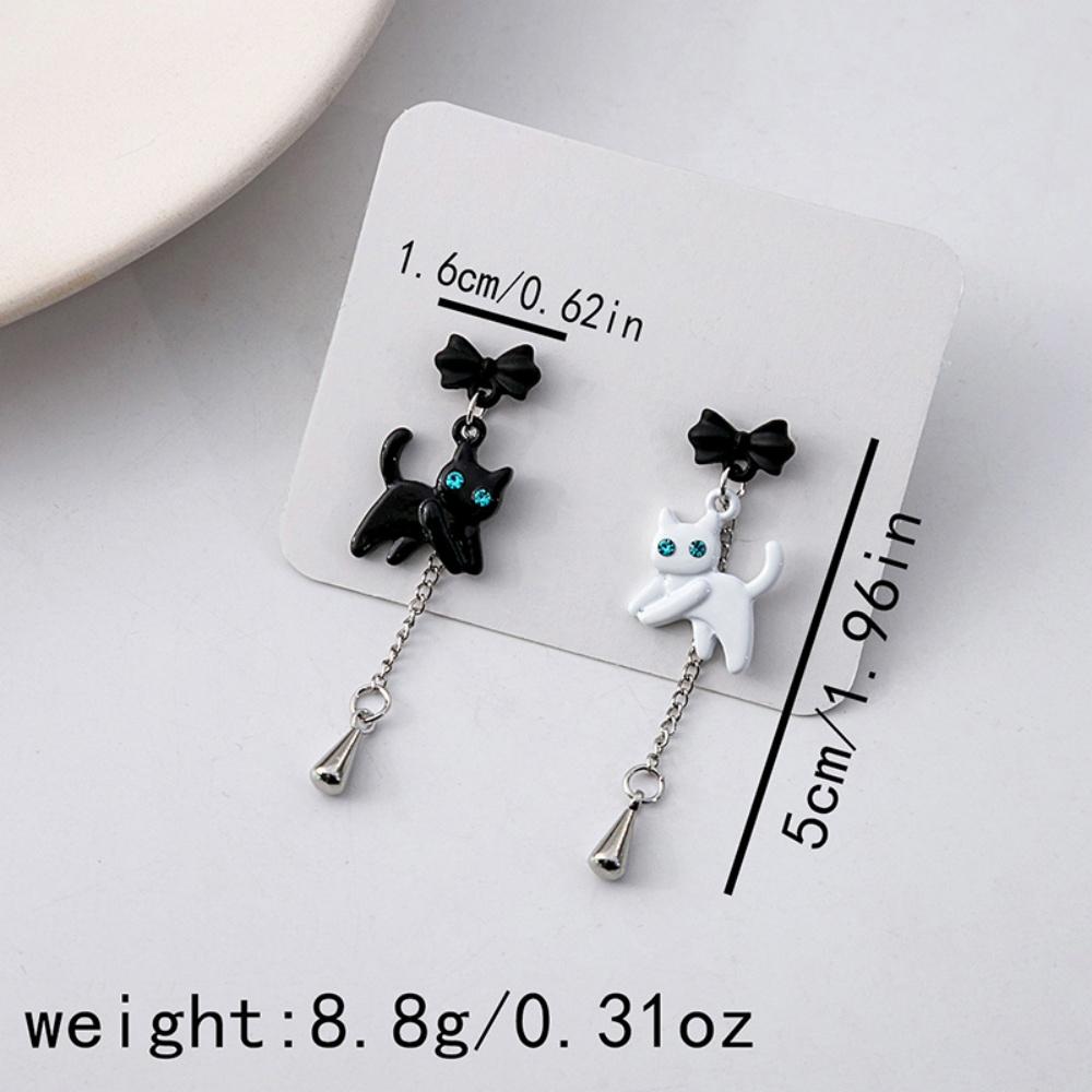 New Silver Needle Fun Cartoon Cute Cat Bowknot Earrings Sweet Japanese Korean Style Asymmetrical Ear Pendants Long Drop Earring