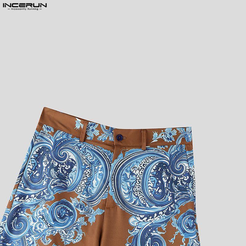 INCERUN Mens Vintage Paisley Print Wide Leg Trousers Casual Loose Straight Pants Bohemian Streetwear High Waist Bottoms