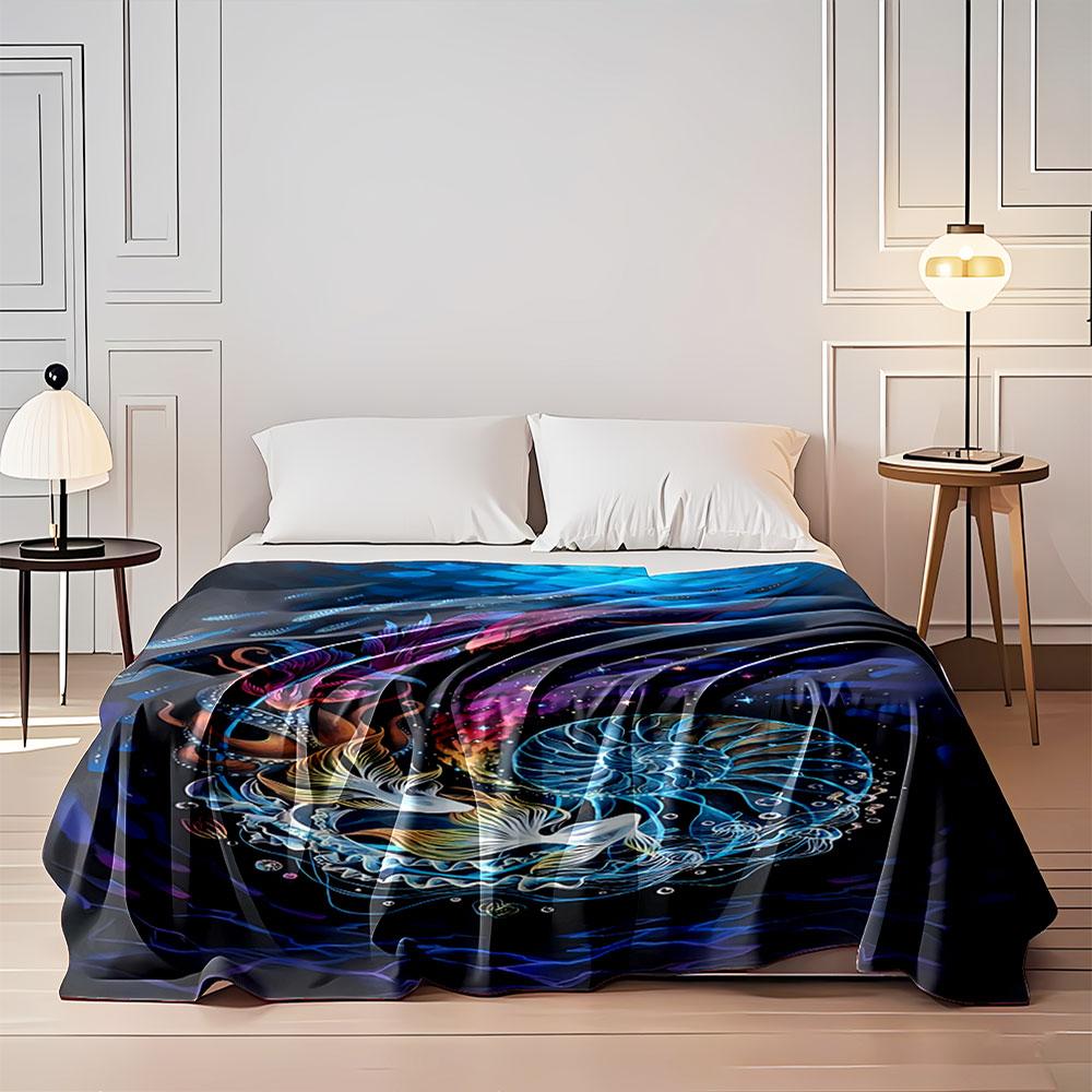 Swirling Aquatic Scene with Nautilus Shell, Fish, and Vibrant Colors. for All Seasons Blanket Lunch Break Throw Gift