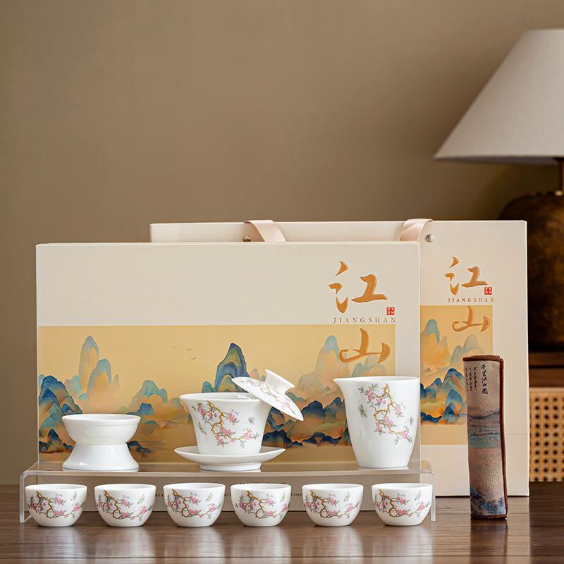 High-end white porcelain tea set, fresh wisteria flower Dehua suet jade retro tea set outdoor travel set