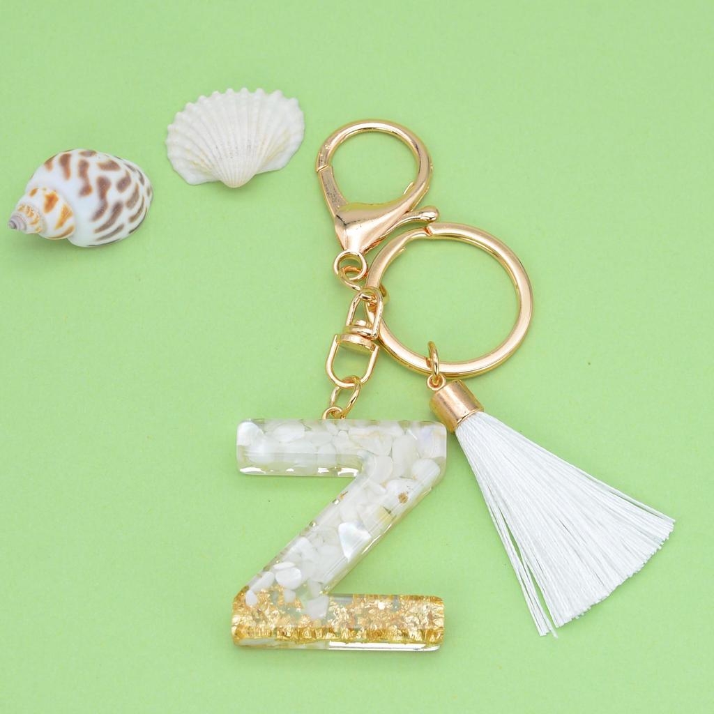 Trendy White Tassel Letter Keychain with Crystal Pendant