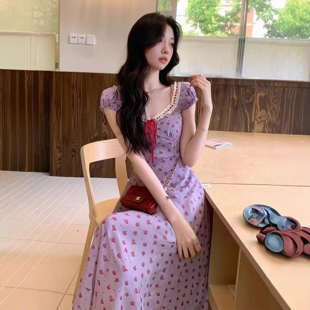 New Chinese national style taro purple luli Korean floral dress women's summer short-sleeved long dress waist thin long dress