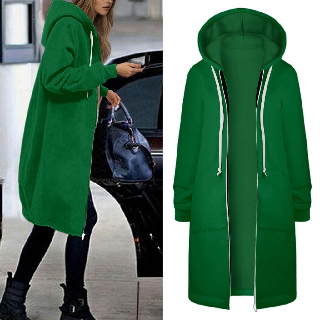 Women's Fashionable Solid Color Long Sleeved Pocket Long Hoodies Zipper Casual Coat Fall Jackets Sweatshirts Clothes