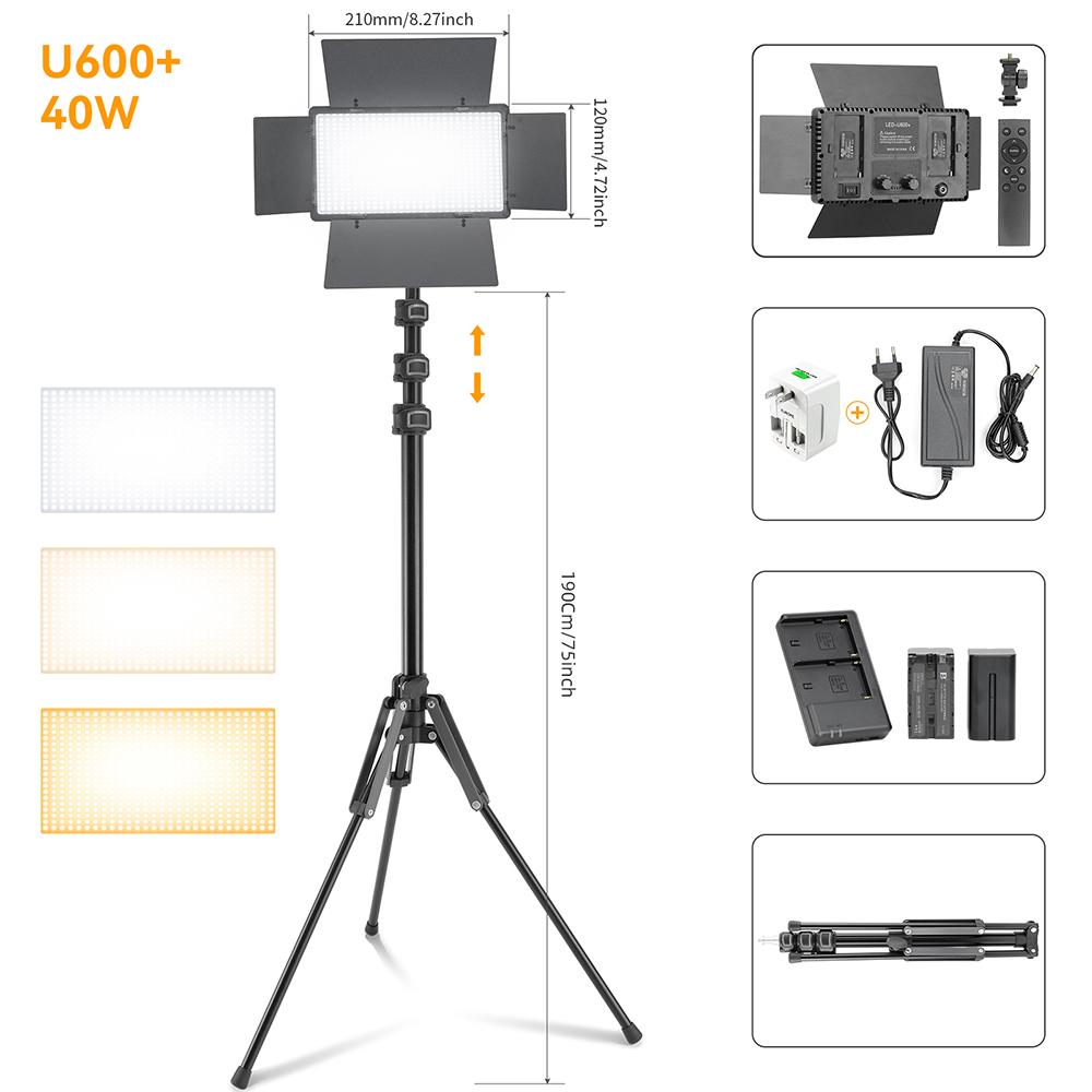 U800 600 LED Video Panel Light Kit Camera Light Studio Photography Lamp Dimmable 3200-5600K for Gaming Stream Conference Makeup
