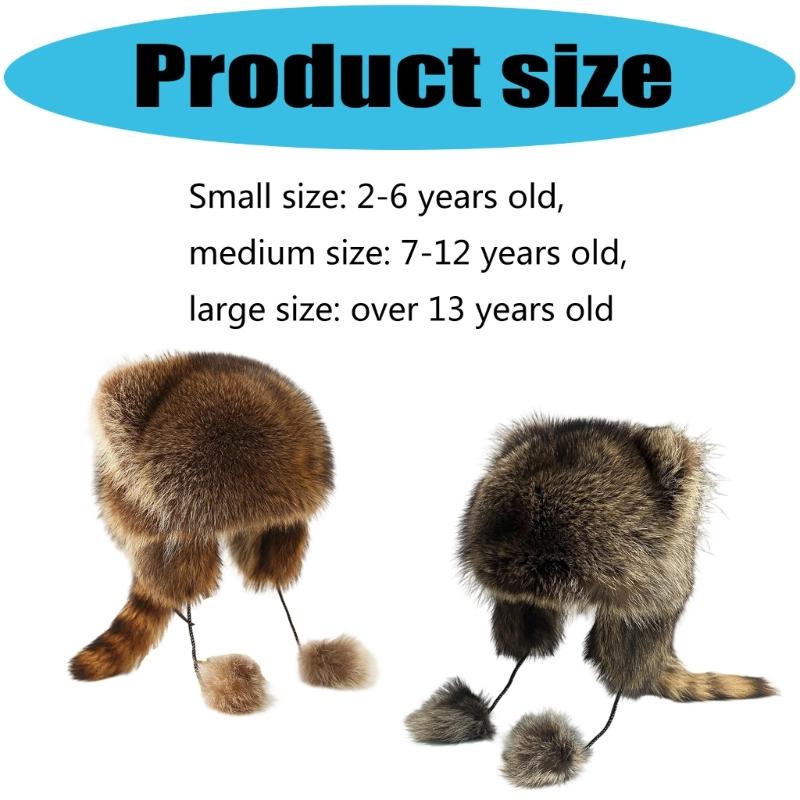 Furry Cartoon Raccoon Hat with Earflap Tail for Halloween Headwear Long Haired Hat Oversized Headgear Hat for Winter