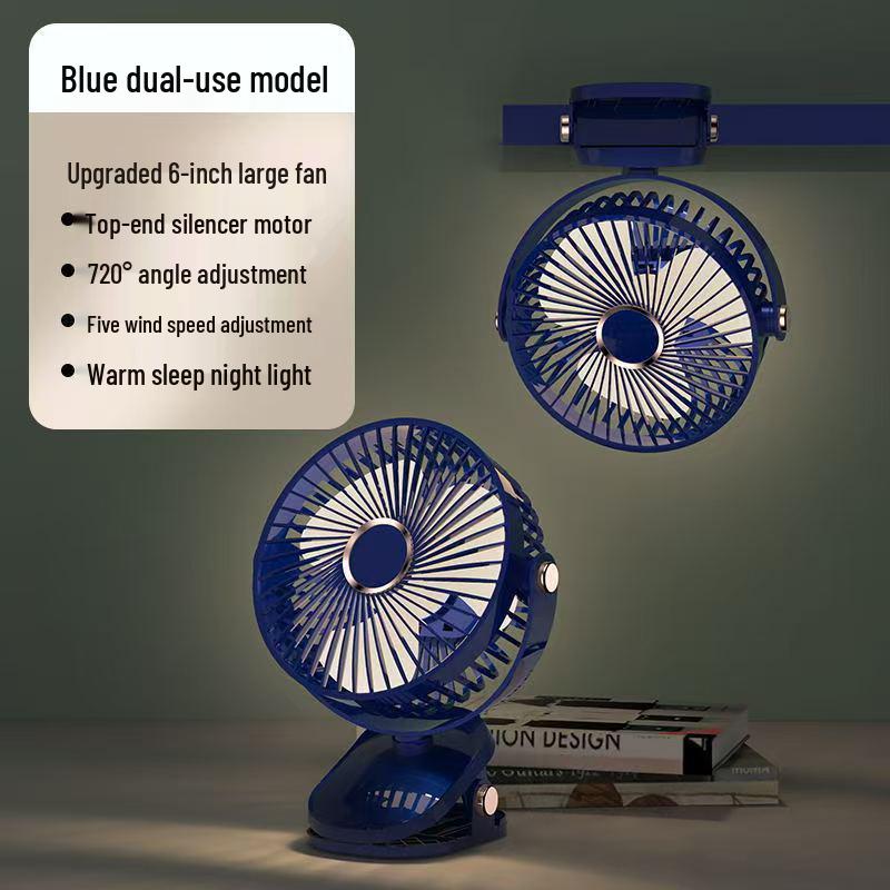2025 USB Rechargeable Portable Silent Fan: Handheld, Clip, & Desktop Use for Dorms & Cars 6-inch синий