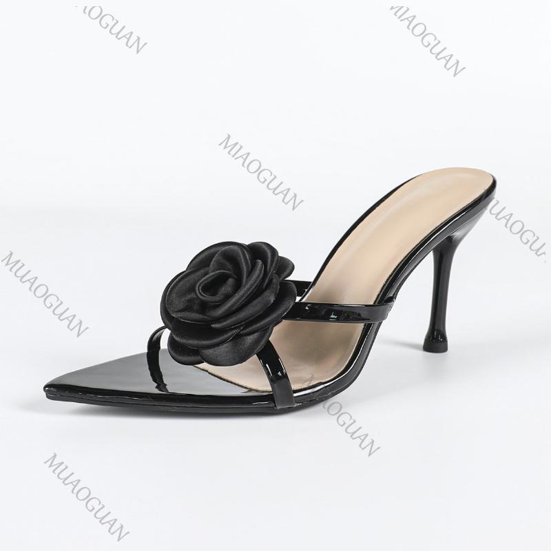 Sexy Slip On Back Strap Sandals Ladies Rose Flowers Narrow Band Open Toe Gladiator High Heels Pumps Women Vacation Heeled Shoes