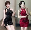 Sexy Burgundy Stand-up Collar Dress, Autumn and Winter Off-the-shoulder Improved Cheongsam, Waist-wrapped Hip Skirt, Split-ended Short Skirt