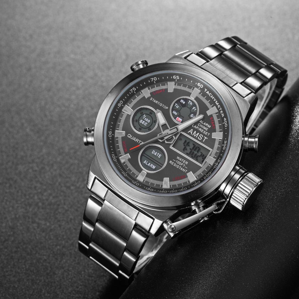 AMST Men Watch Top Luxury Brand Red Big Dial Sport Watches Mens Chronograph Quartz Wristwatch Date Male Clock Relogio Masculino
