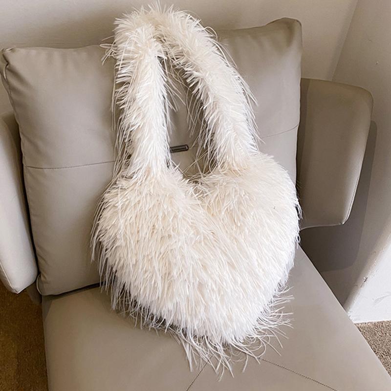 Yogodlns Long Plush Women's Large Shoulder Bag Luxury Faux Fur Female Love Shape Bags Y2k Punk Girls Fluffy Tote Handbags Crossbody Bag