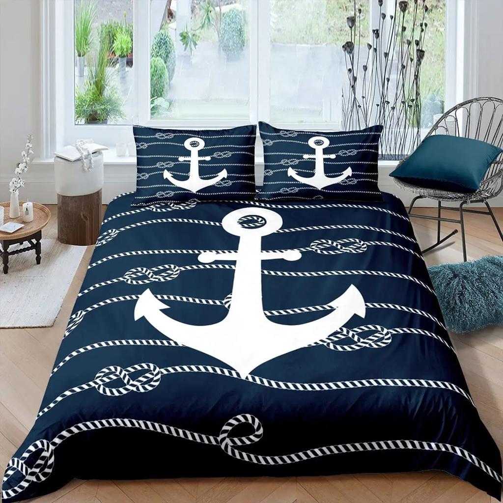Comforter Anchor Nautical Steamboat Bedding Set Ocean Coastal Theme Blue And White Strip For Kids Adults King Size