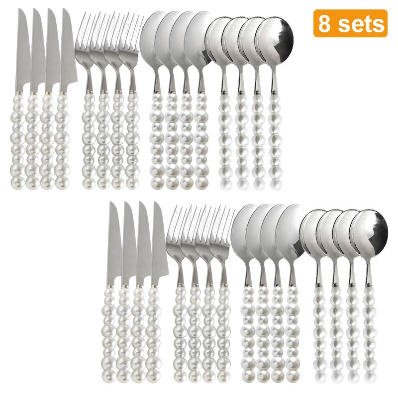 

1-32Pcs Pearl Cutlery Set Europe Silver Tableware 304 Stainless Steel Wedding Dinnerware Knife Fork Spoon Creativity Gift