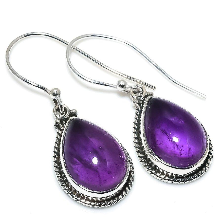 Natural Amethyst Gemstone Handmade 925 Solid Sterling Silver Earring 1.25" T2c46