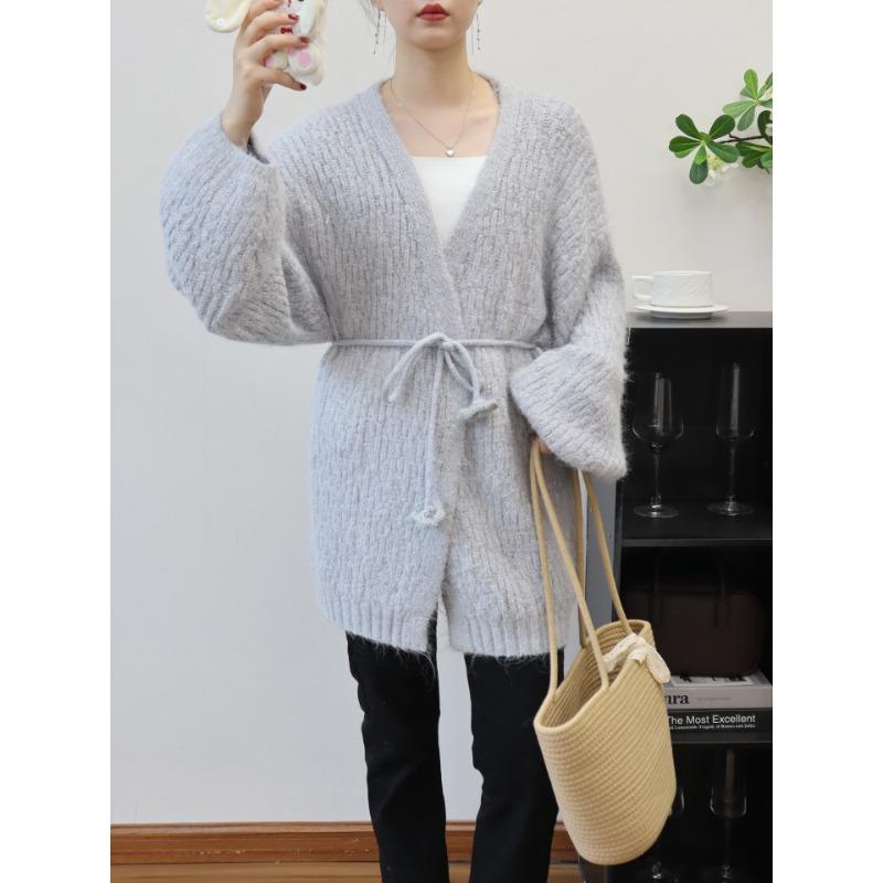 

Осень и зима шнуровка свободный вязаный кардиган средней и длинной длины темперамент продвинутое чувство нежный ветер свитер куртка женская one size fits all серый