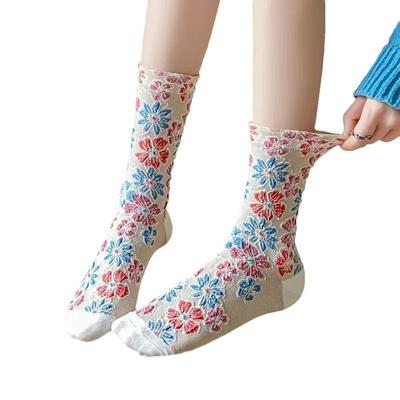 1 Pair/5 Pairs Women's Retro Floral Socks Mid-Crew, Boho Cotton Socks, Vintage Ins Aesthetic Socks for Women