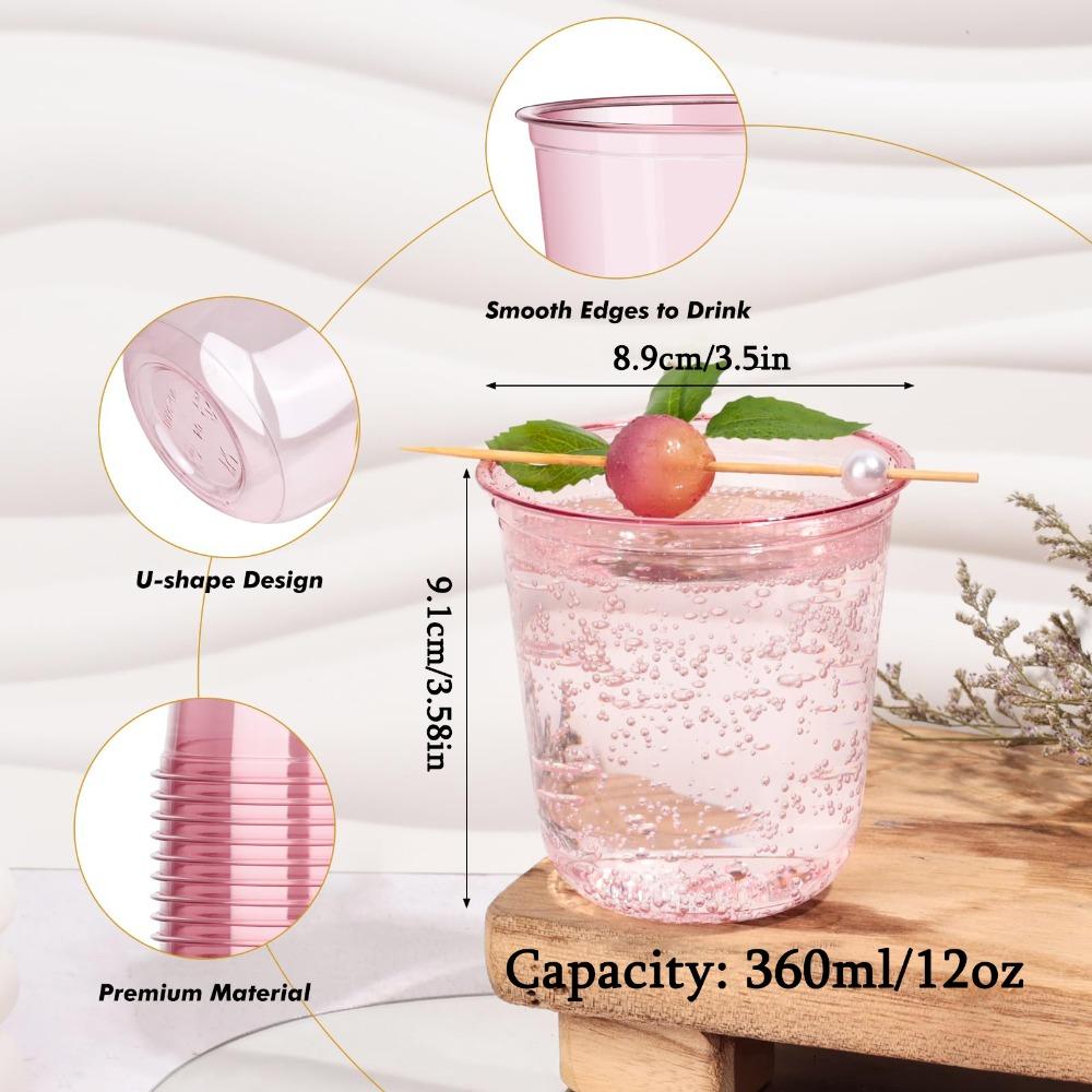 50pcs Pink Plastic Cups 12oz Disposable Stemless Wine Glasses for Cocktail Cute Clear Cocktail Wine Glasses Pink Party Cups