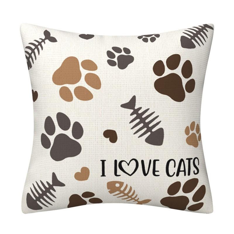 Cute Black Cat Striped Throw Pillow Cover Brown Grey Cartoon Cushion Case Cotton Linen Sofa Cover Bedroom