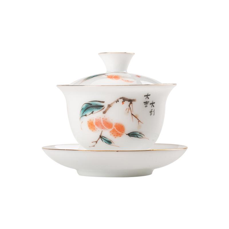 White ice seed jade porcelain three talents cover bowl household kung fu tea set ceramic tea bowl cup suet jade porcelain tea bowl