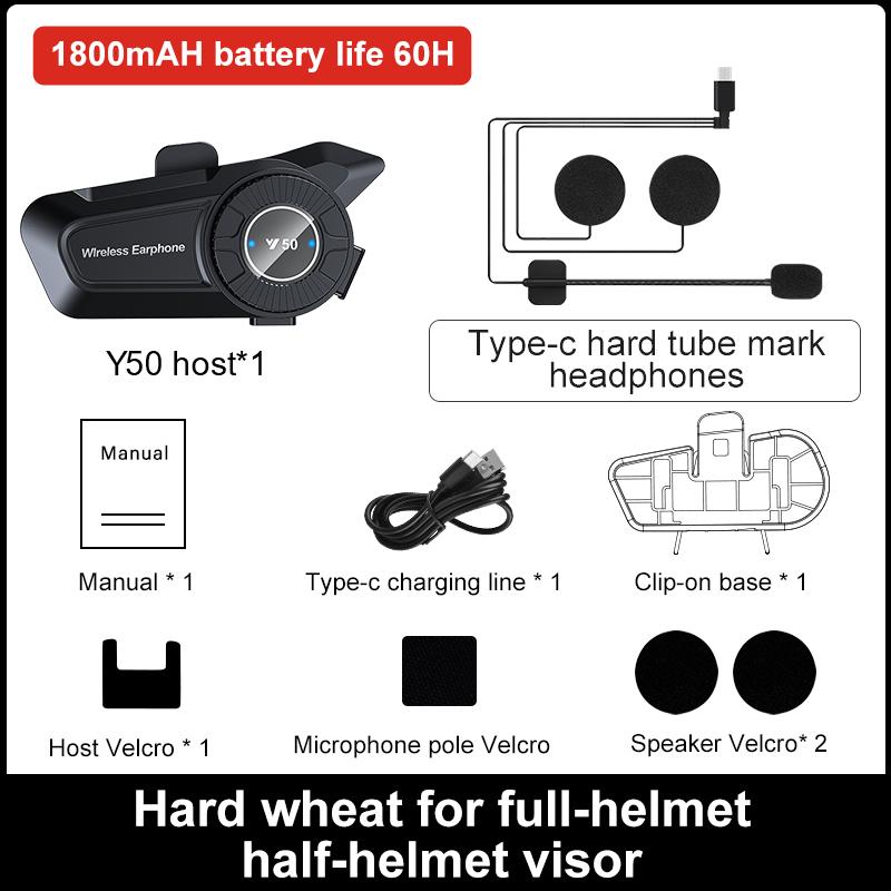 Y50 Motorcycle Helmet Bluetooth Headset 1800mAh 60H Long Battery Life IPX6 Waterproof Anti-Freezing Music Player Earphone