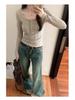 Women's Retro U-Neck Slimming Long-Sleeve Ribbed Knit Top, 2025 Autumn/Winter Collection