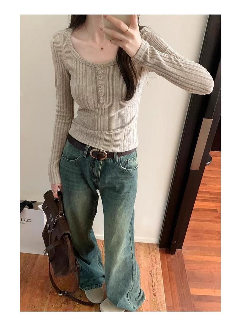 Women's Retro U-Neck Slimming Long-Sleeve Ribbed Knit Top, 2025 Autumn/Winter Collection
