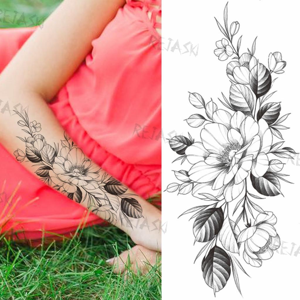 Black Flower Peony Temporary Tattoos For Women Girls Realistic Infinite Flora Fake Tattoo Sticker Arm Body Tatoos Rose Forearm Kop Billigt Fri Frakt Arliga Recensioner Med Bilder Joom