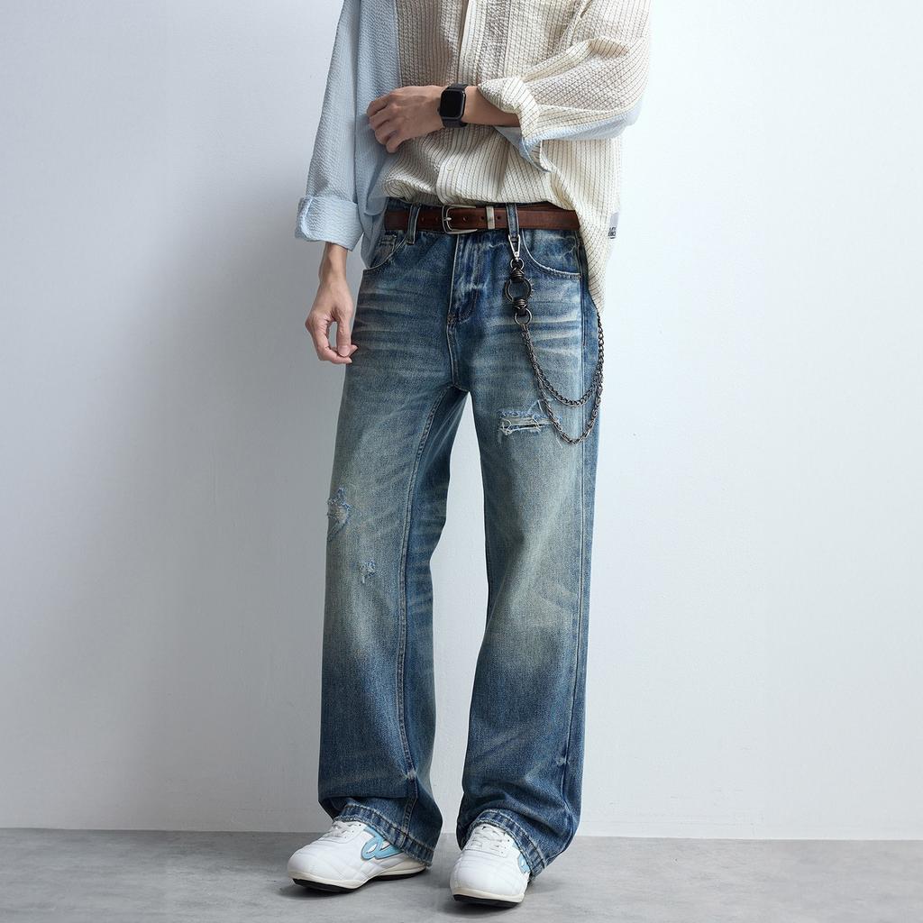New American autumn and winter washed blue jeans men's cat whiskers loose straight wide-leg casual pants
