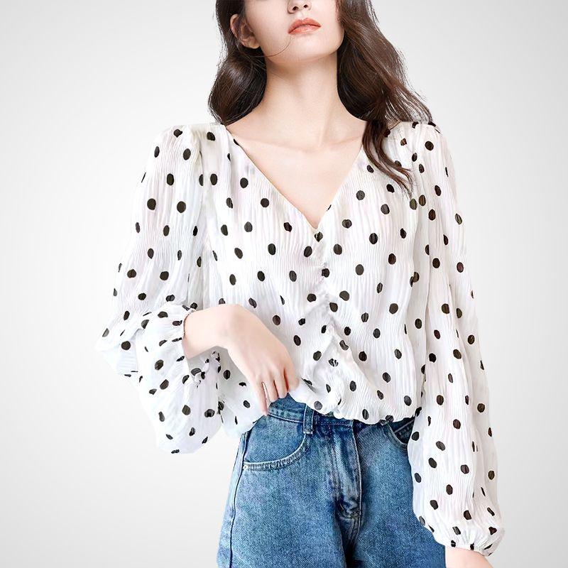 

Знаменитость Принт в горошек Ранняя осень Новая рубашка-пуловер Wave point Print S