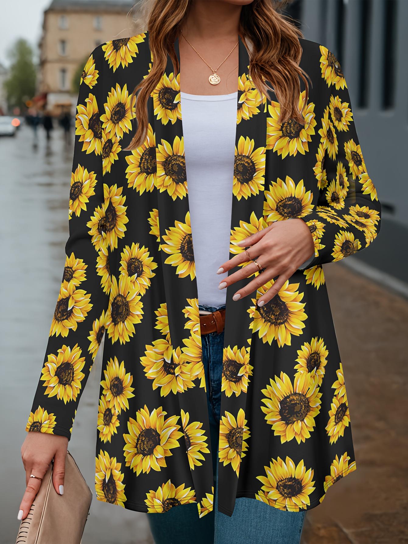 

2025 Women s Sunflower Printed Long Sleeve Cardigan, Polyester Open Front, Lightweight Cover Up, Spring Autumn Casual Coat 1XL