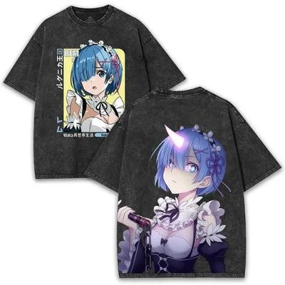 Re:Zero Rem Oni Horn Vintage Washed Anime T-Shirt, Unisex Kawaii Anime Fan Streetwear Tee, 100% Cotton Casual Short Sleeve Top