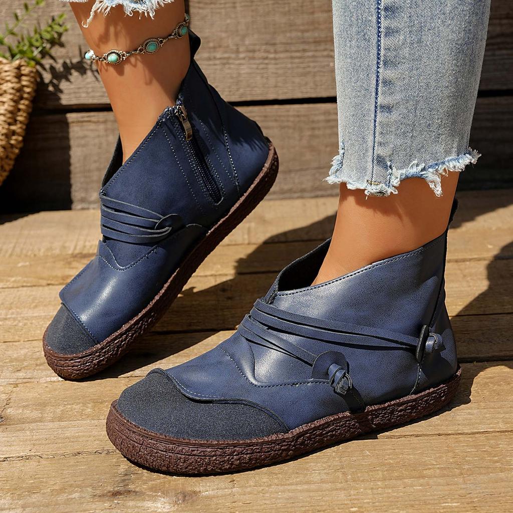 Women Ankle Boots Spring Autumn Sewing PU Zipper Flat With Modern Boots Vintage Patchwork Street Style Outdoor Women Shoes