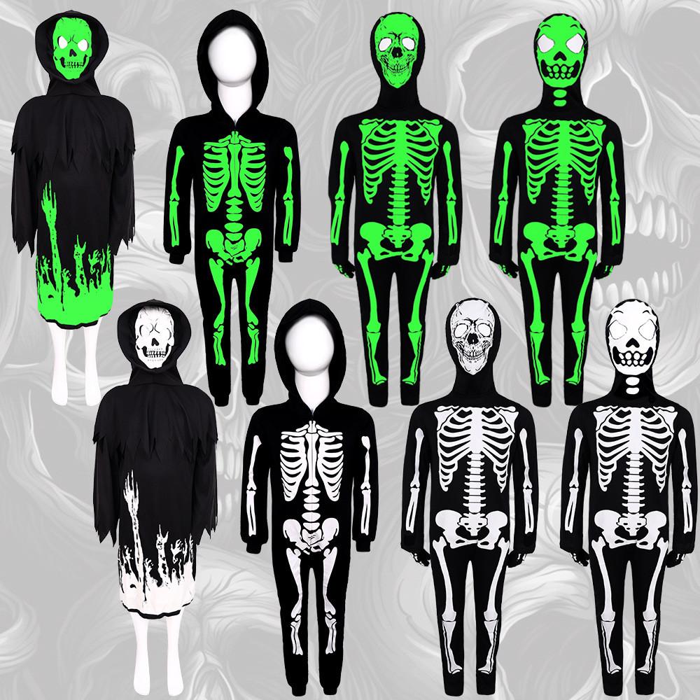 Luminous Halloween Skull Skeleton Child Cosplay Costume Jumpsuits Cloak Party