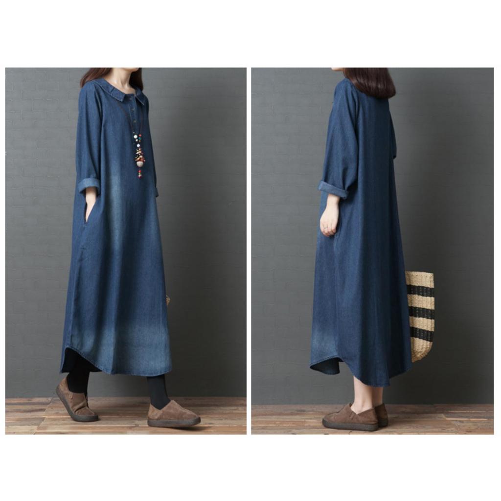 Denim Long Loose Long Slimming All with Office Winter [JINJUDUO] Women's Dress, Sleeve, 100% Cotton, Fit, Length, Figure-Flattering, Effect, Seasons,