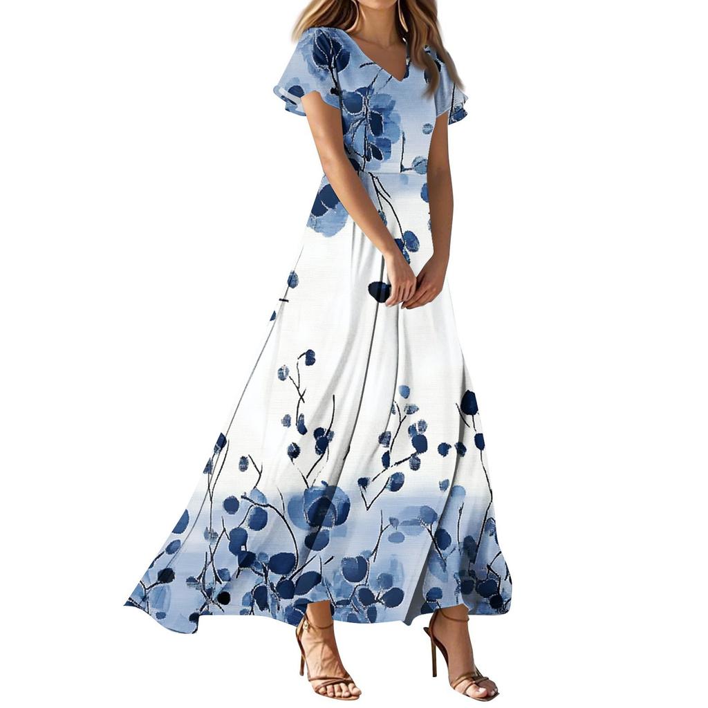Women's Casual Fashion Print Long Dresses V-Neck Short Sleeve Dresses