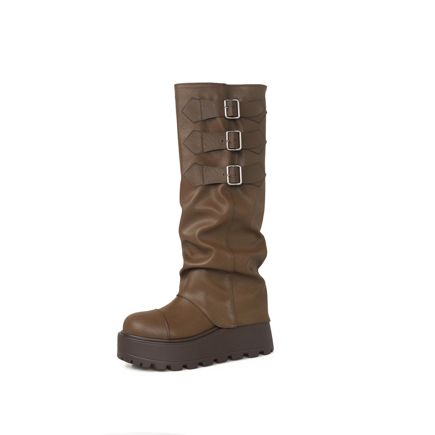 

Wasteland wind thick-soled but knee trousers, boots, wedge heel, high-heeled boots, women s heightening Spice Girl Tall Maillard Knight Boots 35 коричневый