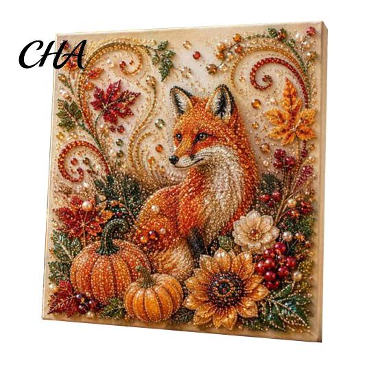 Relaxing Stress Relief Hobbies Autumn Faux Pearl Painting Kit, Fall Theme Art DIY Kit for Handmade Wall Decor Adults, Fox Pumpkin 3D Craft Set