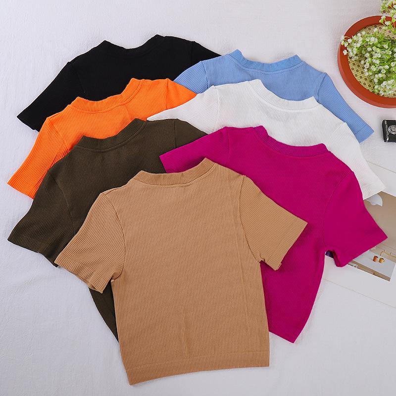 Ribbed Round Neck Yoga Sports Short-Sleeve T-shirt for Autumn/Winter