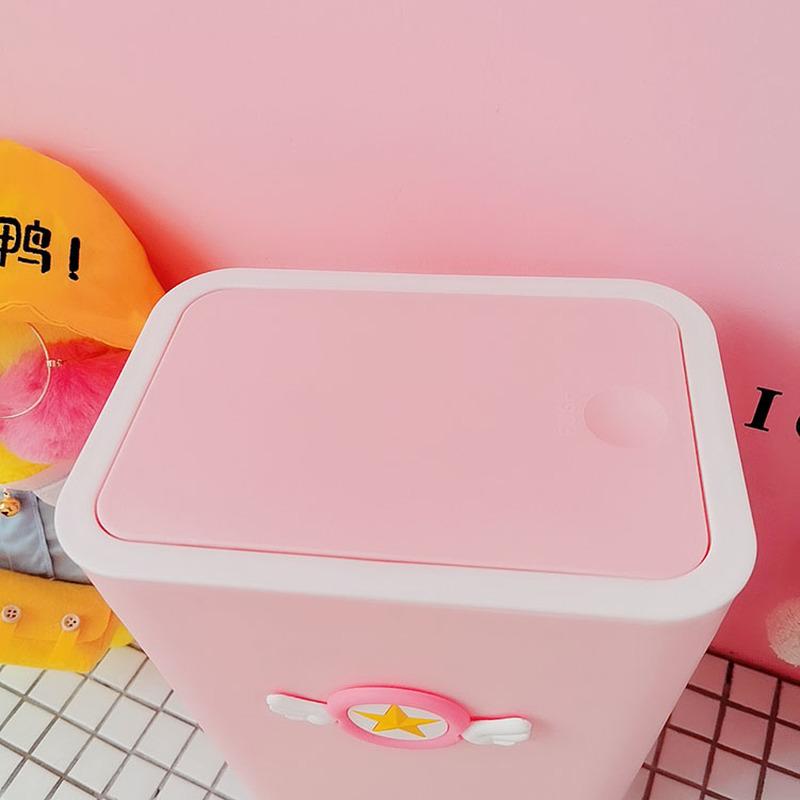 Cartoon Card Captor Sakura Pink Plastic Waste Bin With Lid Kitchen Household Cute Large Ashbin Bucket Creative Pressed Trash Can
