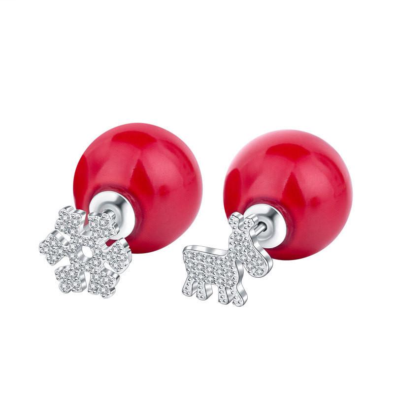 Korean Snowflake Antler Pearl Stud Earrings - Christmas Elk Red Pearl Jewelry Gift