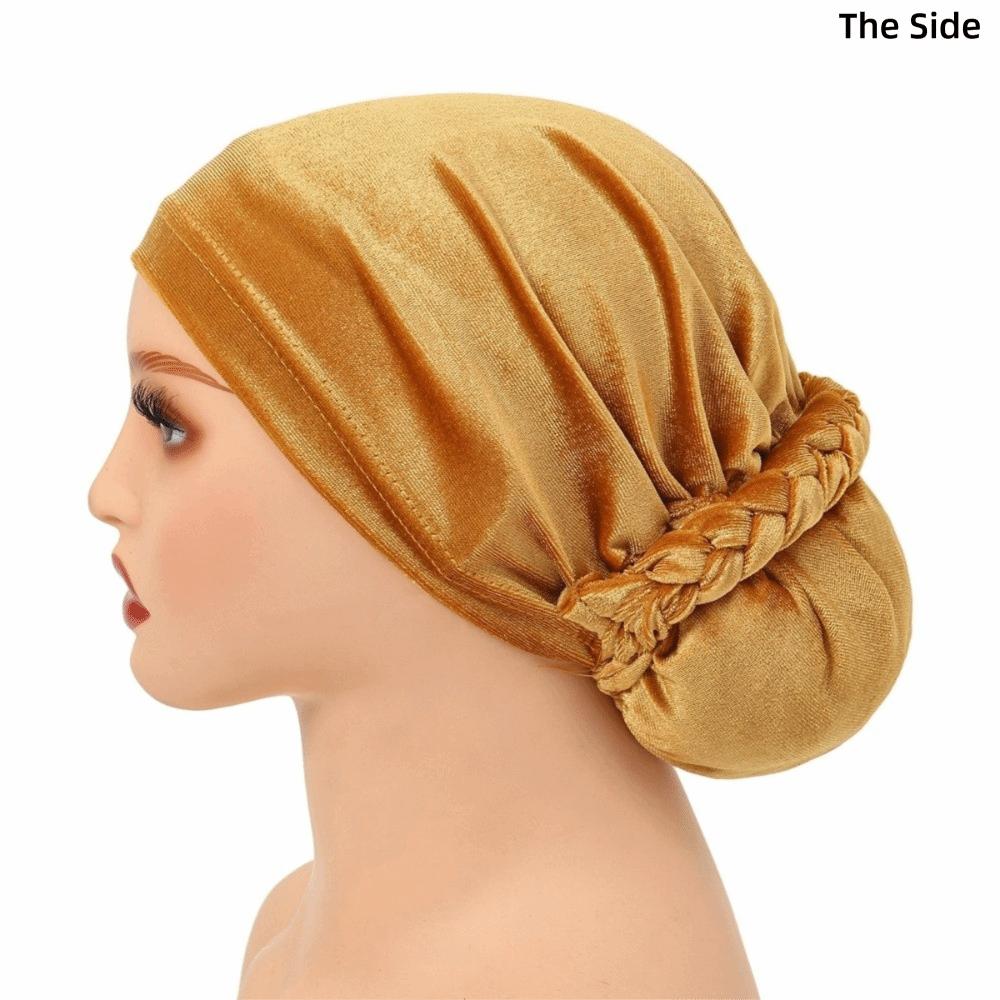 Plated Finish Velvet Turban Hat Solid Color Chemo Beanies Elegant Muslim Headscarf Cap for Women