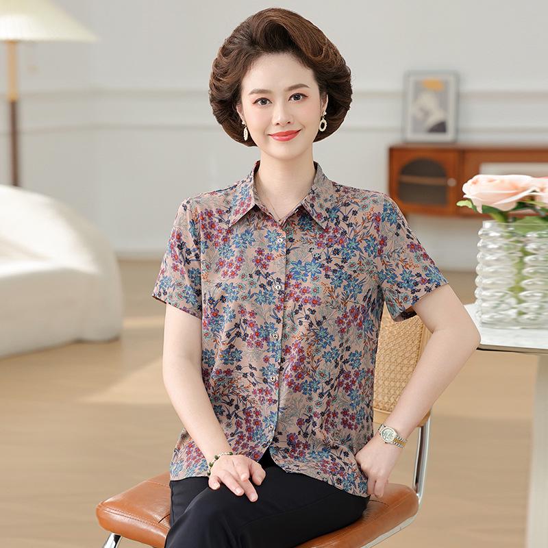 

Mom s Mulberry Silk Floral Shirt - Short-Sleeve, Loose Fit for Mid-Aged Women 2XL (Recommended for 110-120 lbs)