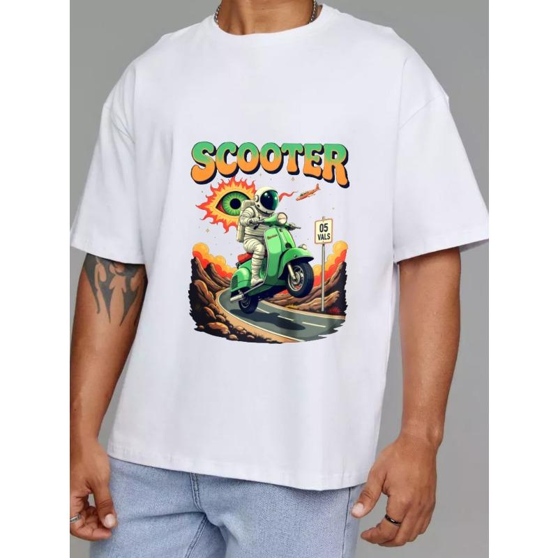 Skútr Tričko Bílé Astronaut Jedoucí na Zeleném Skútru s Grafikou Oka Slunce a Dopravní Značky pro Běžné Nošení