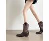 Cowhide Version~ Pointed Thick Heel Engraved Western Cowboy Boots for Women's Autumn and Winter New Retro Style Short Boots for Women