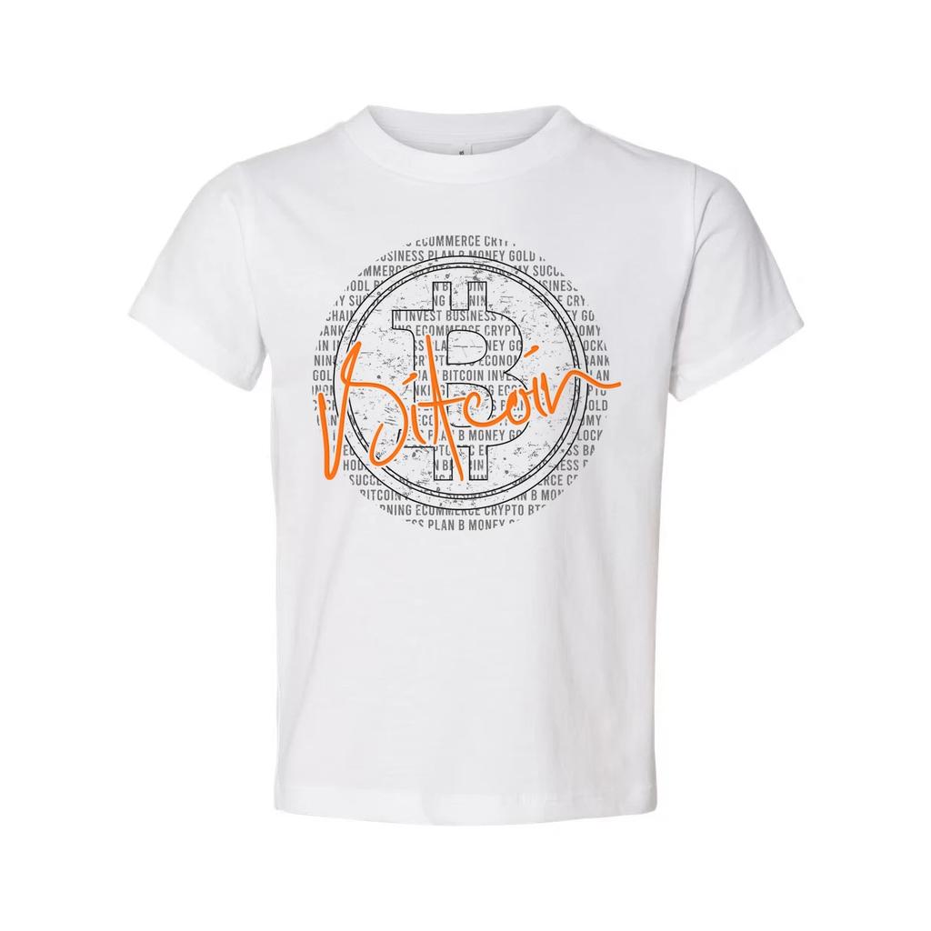 Crypto Bitcoin Graphic Unisex Tee With Circular Pattern And Orange Signature Log
