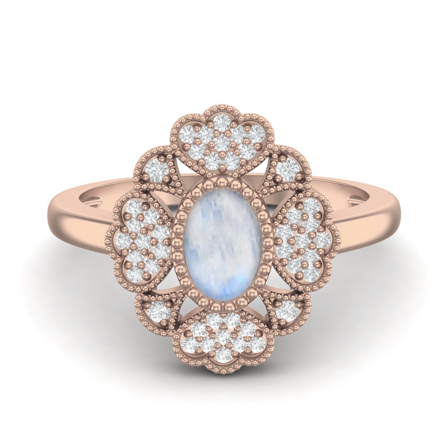 6X4 MM Oval Natural Moonstone Designer Flower 925 Sterling Silver Rose Vermeil Women Wedding Ring 5 ярко-розовый