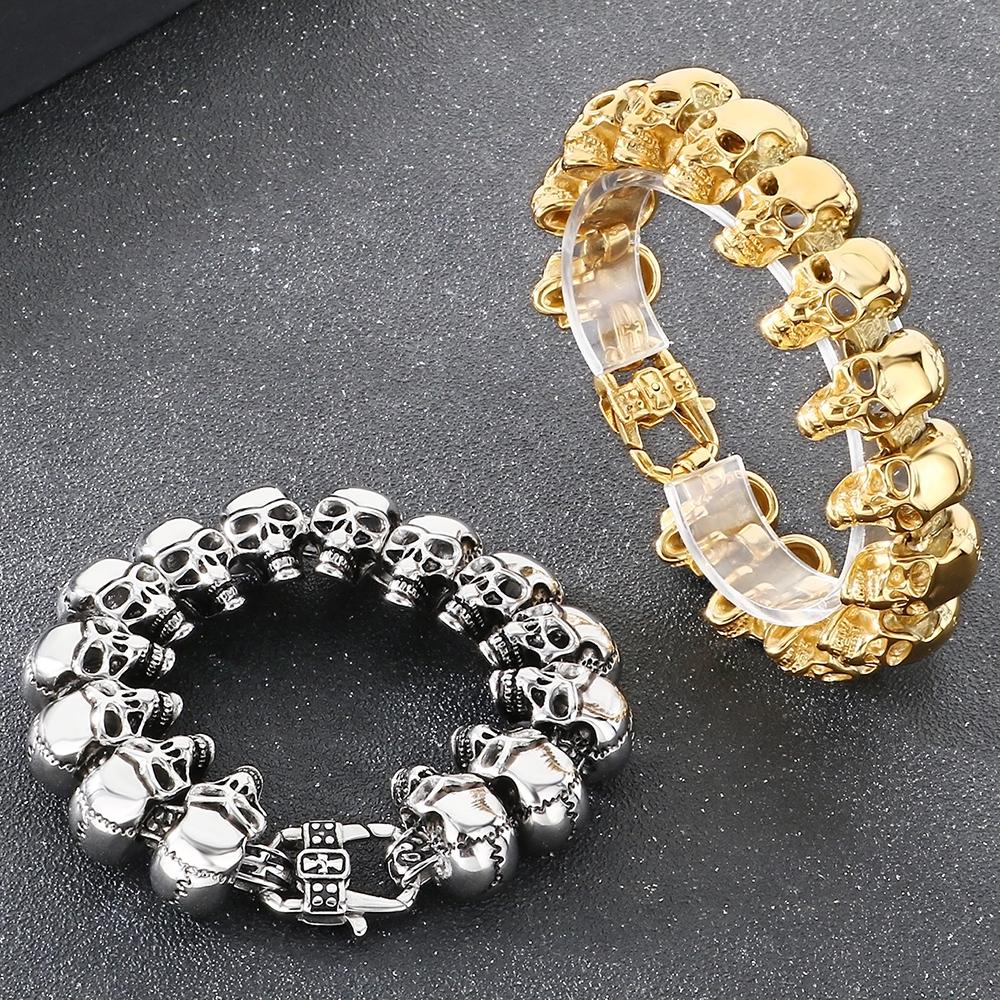 Herren Gothic Totenkopf Armband Vintage Hip Hop Edelstahl Gliederkette Armband für Männer Vakuumbeschichteter Punk Rock Schmuck