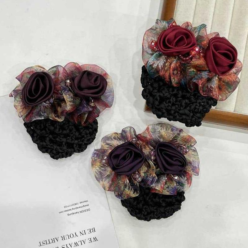 Women Hair Bun Cover Net Snood Hairnet Bow Barrette French Hair Clip Bow Ribbon Flower Hair Accessories For Banks Hotels Staff