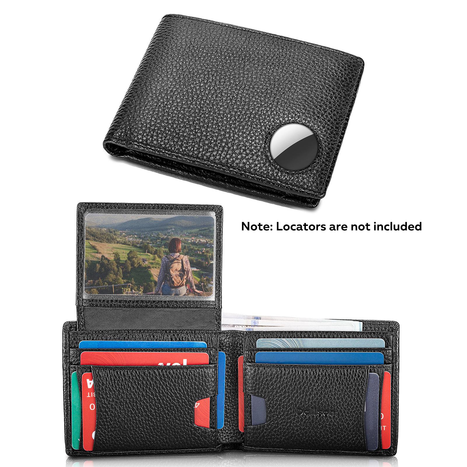 

Мужской противокражный кошелек из кожи высшего качества, текстура личи, тройного сложения с множеством отделений для карт и держателем для AirTag. чёрный