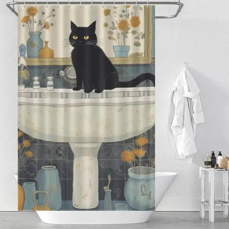 Black Cat Shower Curtain, Funny Cat Sit On The Wash Basin Bathroom Waterproof Curatin, Cute Animal Bathing Curatin