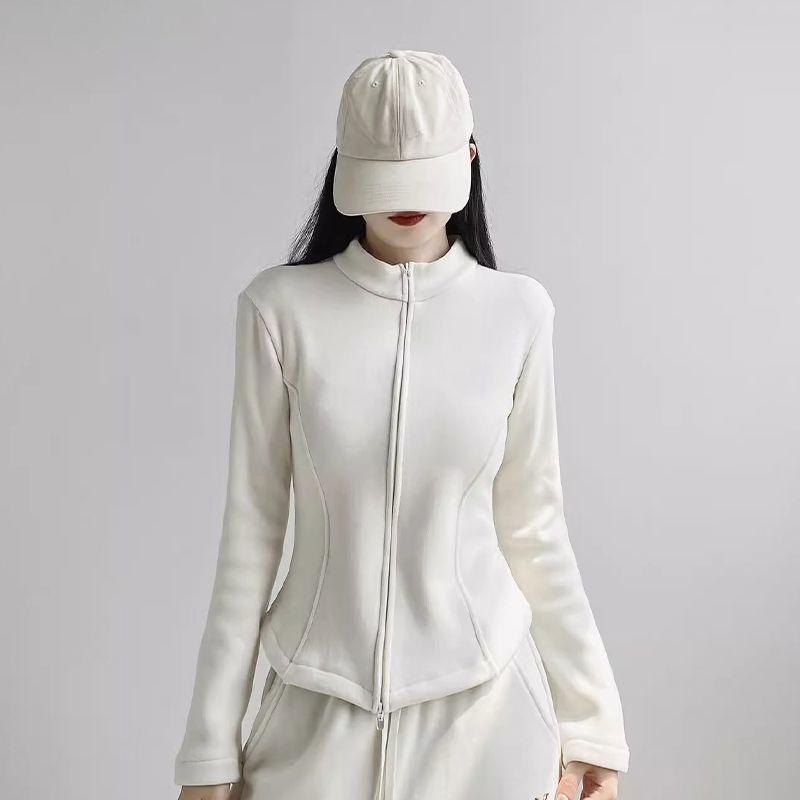 Women Stand Collar Fleece Jacket Lady Girls Zip-up Sport Style Yoga Jacket Solid Cardigan Jacket